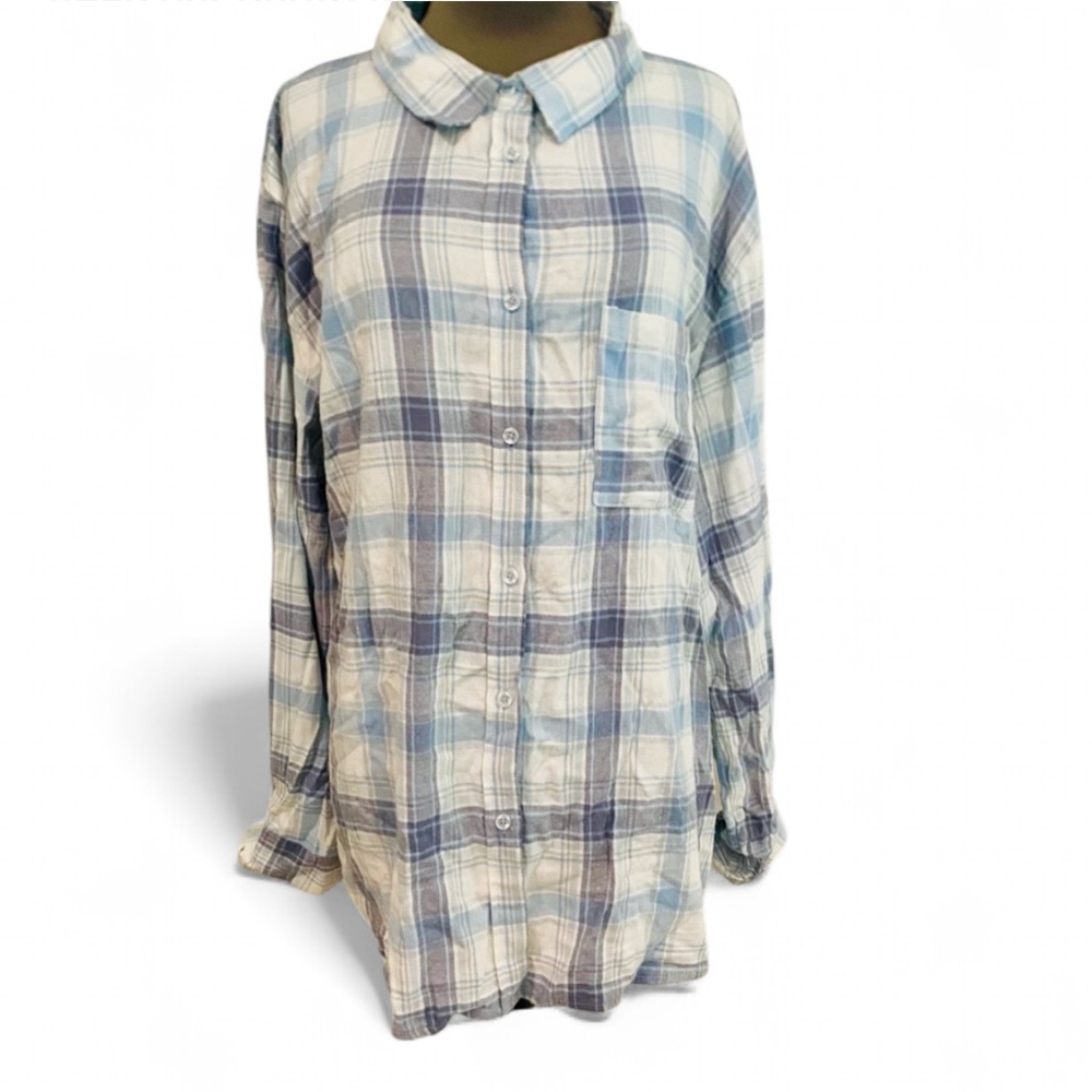 COTTON ON BLUE WHITE PLAID OVERSIZED LONG SLEEVE BUTTON DOWN FLANNEL MEDIUM